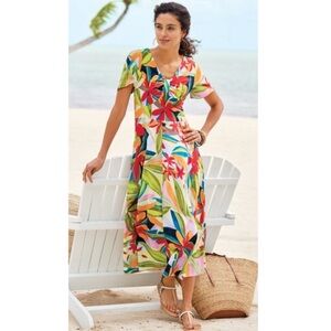 Soft Surroundings Tahitian Midi Dress Vibrant  Tropical Floral resortwear resort